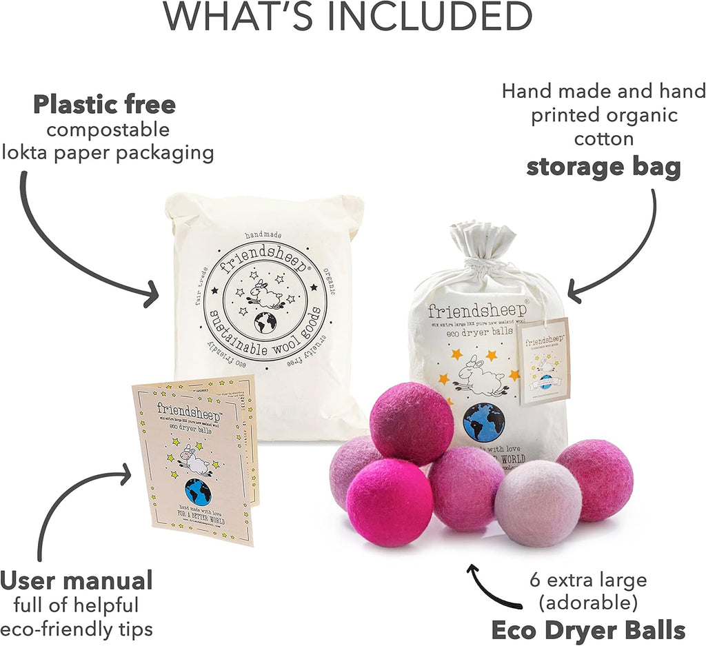 Friendsheep Wool Dryer Balls, Organic Reusable Fabric Softener Alternative for Laundry, Handmade, Fair Trade, Hypoallergenic, Eco-Friendly, Plastic-Free (6 Pack XL - Pink Valentine)