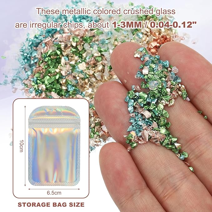 uxcell 6 Colors Crushed Glass Chips, 1-3mm Irregular Glitter Metallic Glass Broken Glasses Pieces with Laser Bag for Craft DIY Vase Epoxy Halloween Decoration 31.5g, Solid Color