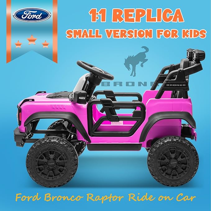 ENYOPRO 12V Ford Bronco Raptor Ride On Car for Kids, Electric Power Car Ride-On Toy for Toddlers w/Remote Control, 4 Wheels Spring Suspension, Bluetooth Music, Radio, LED Lights, 2 Speed (Pink)