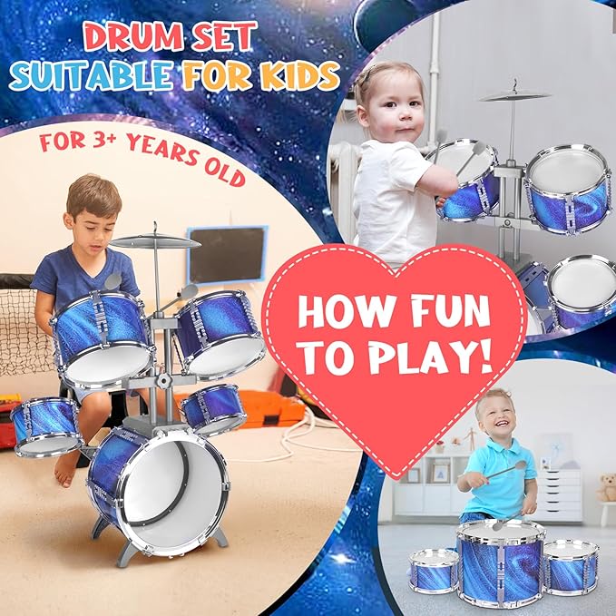 Kids Drum Set for Toddlers 1-3 Musical Jazz Drum with Stool Toys for 2-5 4-6 5-7 Boys Girls Birthday, Blue