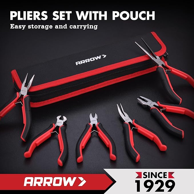 ARROW Mini Pliers Set, 6-Piece Precision Jewelry & Craft Kit – Includes Needle, Diagonal, Long, Bent, End Cutting & Lineman Pliers for Electronics, Crafts & DIY, with Pouch