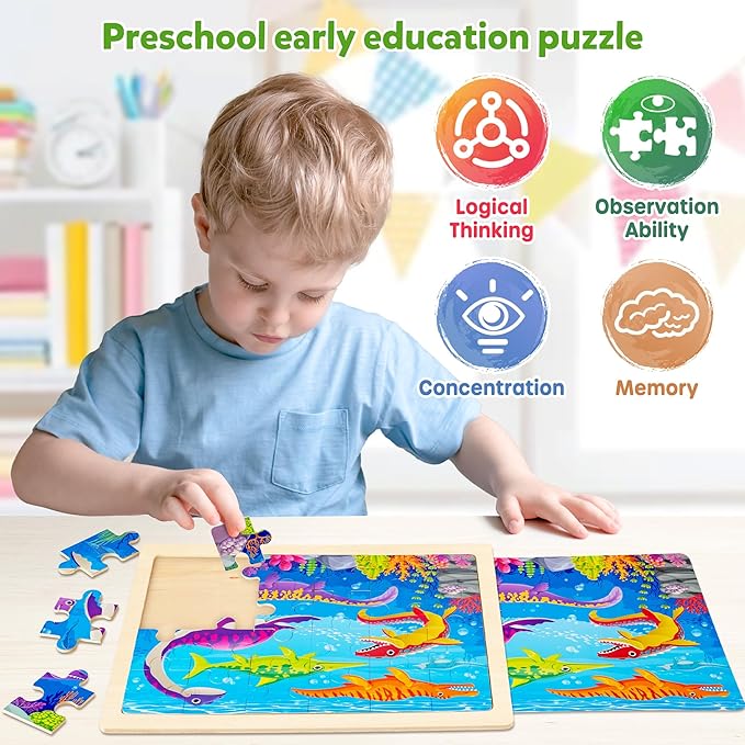 SYNARRY Large Wooden Dinosaur Puzzles for Toddlers 2-4, Wood Dino Puzzles for Kids Ages 4-6, Dinosaur Toys for Kids 3-5, Preschool Educational Children Learning Gifts for 3 4 5 Year Old Boys Girls