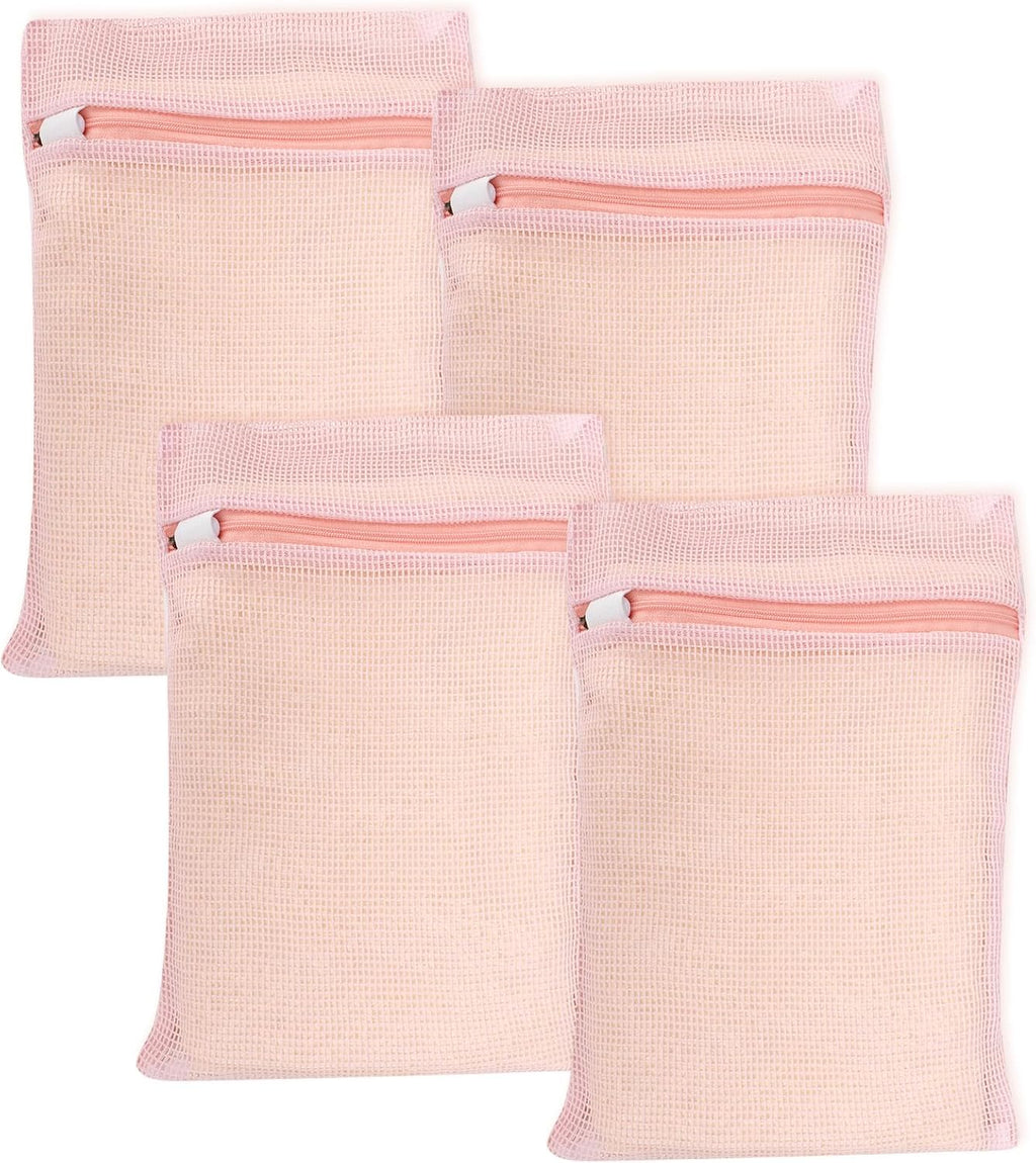 4 Piece Pink Small, Durable Organic Cotton Mesh Laundry Bag with Strong Zipper and Breathable Mesh, Delicate Laundry Bag for Underwear, Clothes, Pants and Socks