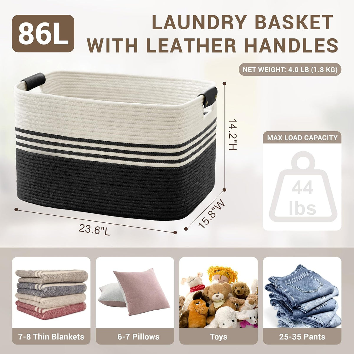 86L Extra Large Laundry Basket with Leather Handles for Living Room Storage, Woven Rope Baskets for Blanket, Kids Toy, Gifts, Wicker Hamper for Bedroom Dirty Clothes, 24"x16"x14" White Black