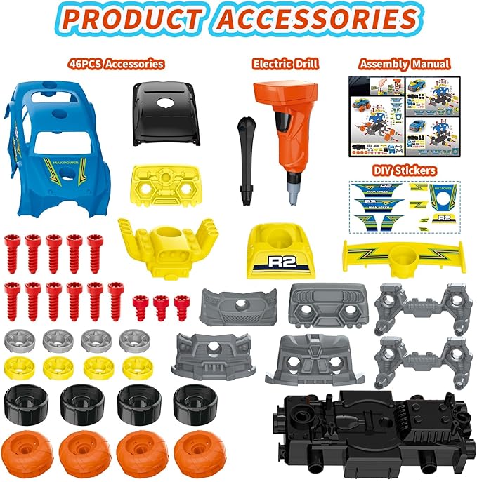 3-in-1 Construction Car for Boys Ages 3+ Years Old, Take Apart Car with Electric Drill, 46 Pcs Cars Building Kit, Build Your Own Toy Cars with Tools, Ideal STEM Present for Kids Children(Blue)