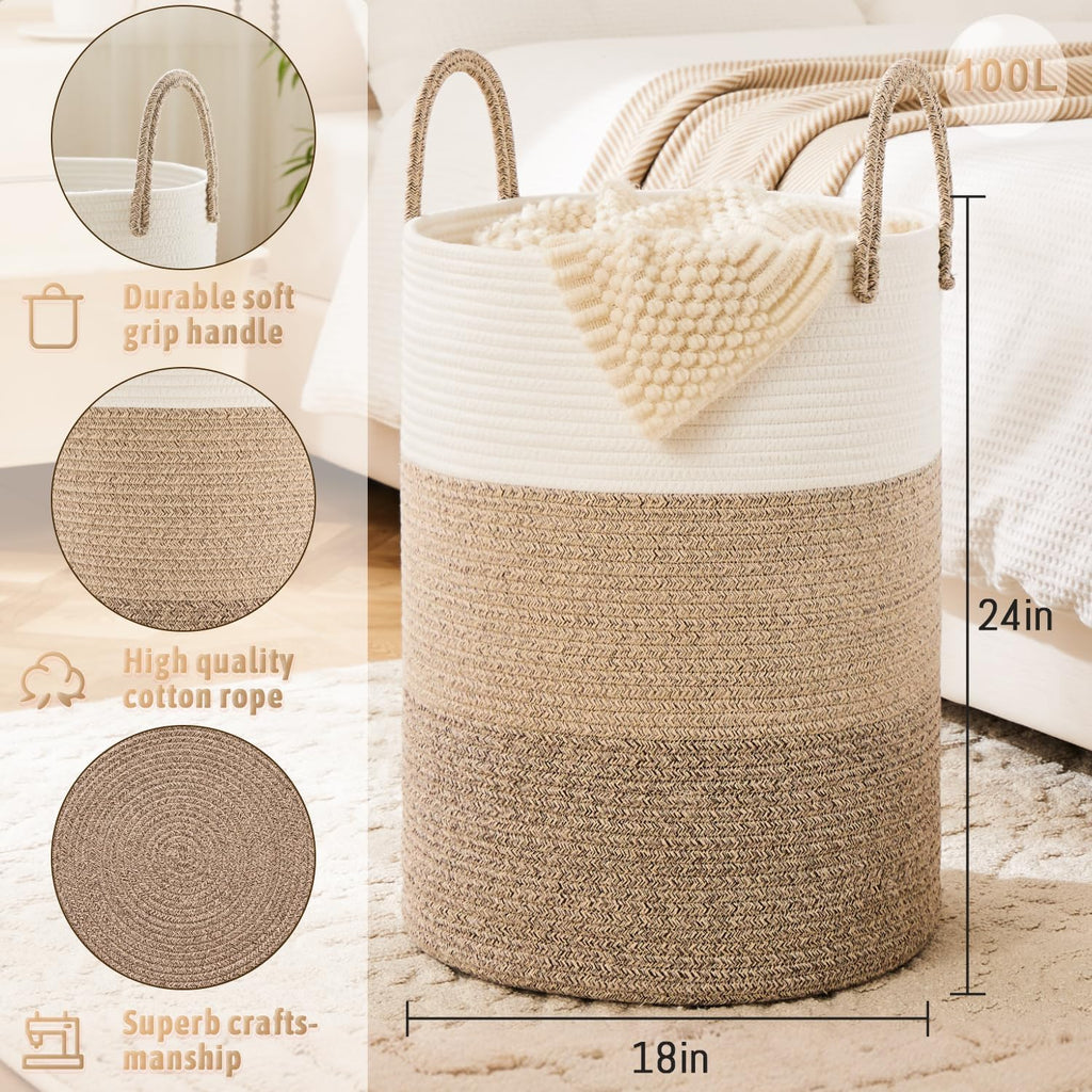 Laundry Basket,Woven Cotton Rope Laundry Hamper,100L for Decorative Storage of Dirty Clothes,Toys and Blankets in Bathroom,Bedroom and Living Room