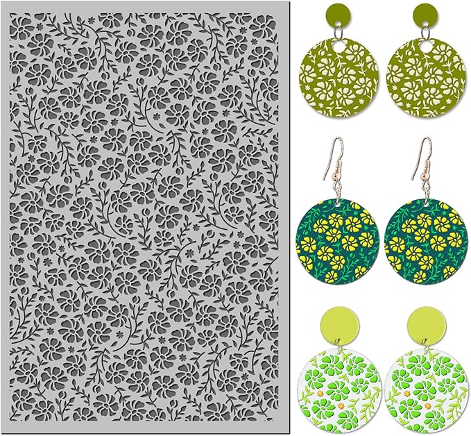 Arbuya Flowers Polymer Clay Texture Mat - Floral Swirls Leaves Texture Sheet for Polymer Clay Jewelry Making, Earring Charms, DIY Craft Supplies