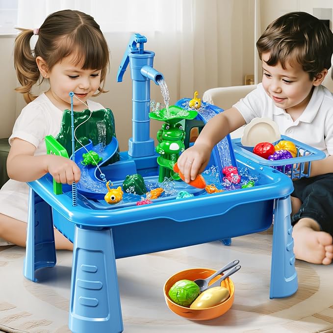Water Table for Toddlers 1-3- Kids Play Sink with Pump and Running Water, Water Table for Kids Ages 4-8 with Fishing Games, Summer Outside Sensory Gift Toys for Boys and Girls 2 3 4 5 6 7 8