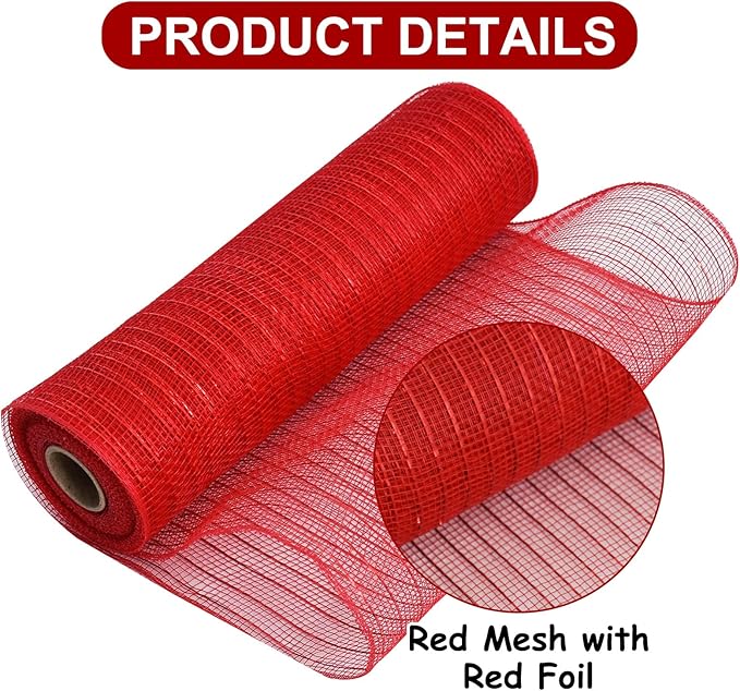 TONIFUL 2 Rolls 10 Inch Red Decorative Mesh Ribbbon Rolls, Fabric Mesh with Foil for Wreath Supplies, Front Door Wreath Crafts Tree Decor Christmas NewYears Halloween Decoration (10 yds/roll)