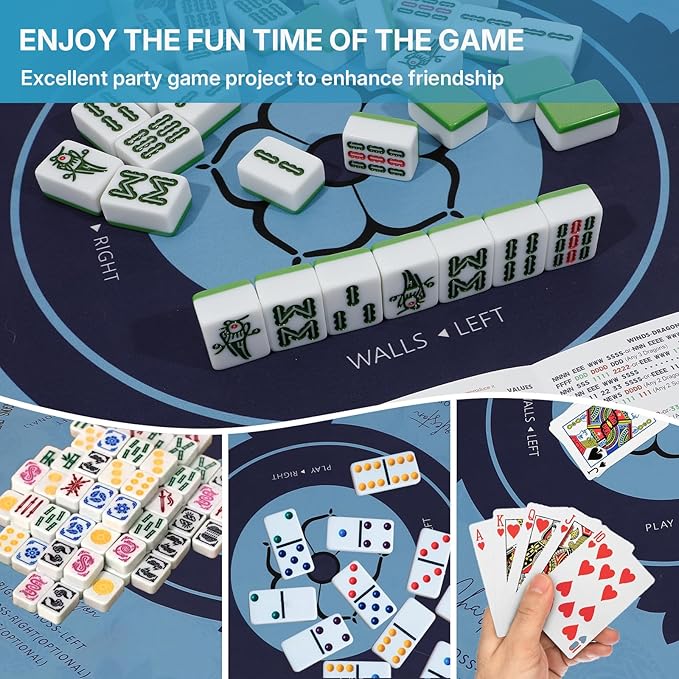 Mahjong Mat, Mahjong Mat for Table, Comes with 1 Velvet Mahjong Mat Storage Bag, with 2025 Mahjong Cards (4pcs), Fit for Mahjong/Poker/Board Games/Card Games/Dominoes (Blue)