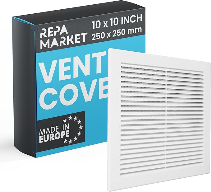 Repa Market 10 x 10 Inch (Outer) White Square Air Vent Cover - Plastic Fresh Air Intake Vent - AC Cover with Nylon Mesh Screen, Wall, Ceiling HVAC Return Air Register, Modern Soffit Vents