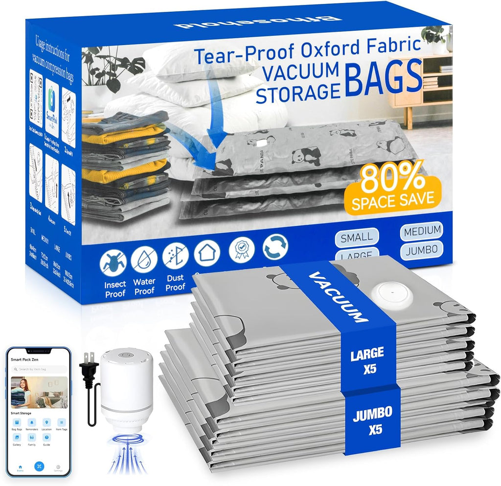 5 Jumbo + 5 Large Tear-Proof Vacuum Storage Bags with Pump, Oxford Fabric Reusable Space Saver Vacuum Storage Bags for Travel, Clothing, Luggage, Packing, Blankets, Quilt