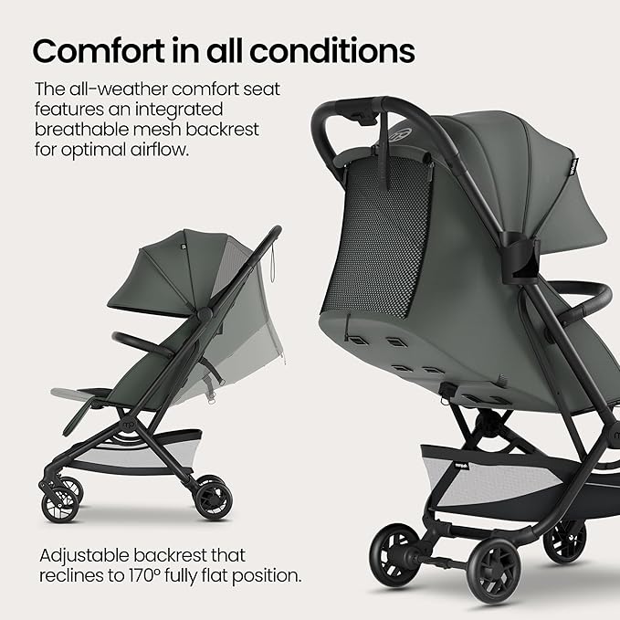 Mompush Velo Lightweight Travel Stroller – One-Hand Fold, Ultra-Compact & Airplane Friendly, Lie-Flat Recline Seat (from Birth to 50 lbs), Includes Cup Holder, Shoulder Strap, and Leather Bumper Bar