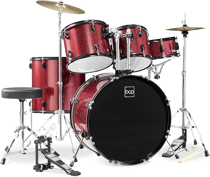 Best Choice Products 5-Piece Full Size Complete Adult Drum Set w/Cymbal Stands, Stool, Drum Pedal, Sticks, Floor Tom - Red Sparkle