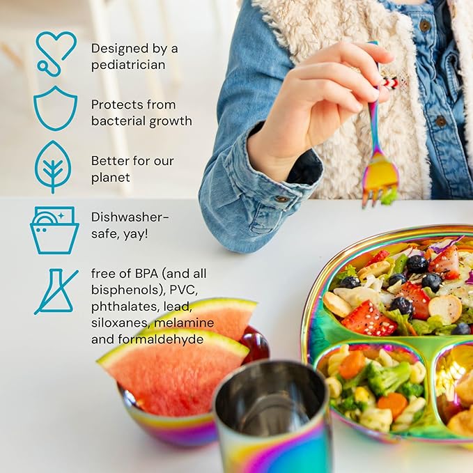Ahimsa Stainless Steel Kids Dinnerware Set - 5 Piece Stainless Steel Toddler Plates and Bowls Set, Pediatrician Designed, Non Toxic Toddler Plate and Bowl, Kids Utensils and Cup (Rainbow)
