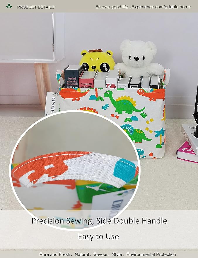 Rectangular Folding Laundry Basket, Canvas Basket,Nersury Hamper,Suitable for Children,Office,Bedroom,Clothes,Toys Storage（Dinosaur Paradise） (1)