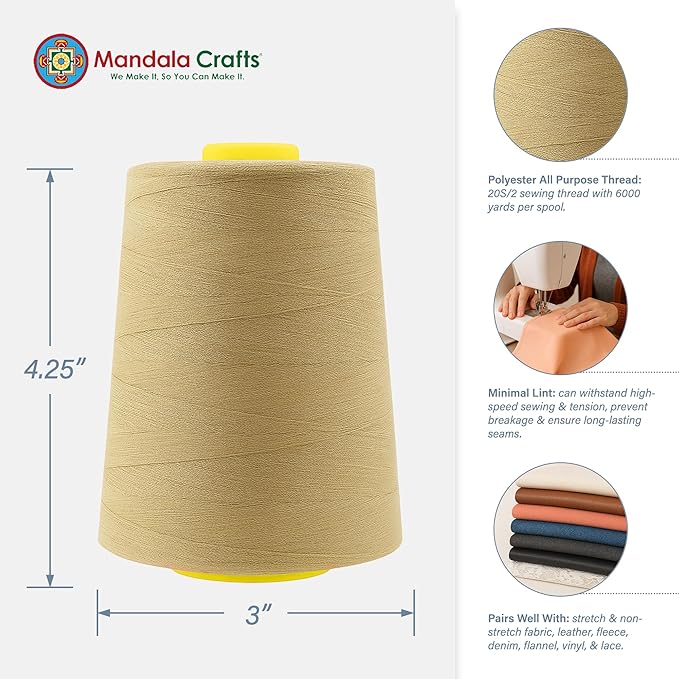 Mandala Crafts 4 Pack of Serger Threads Cones Spools - 20S/2 24000 Yards Polyester Khaki Threads for Sergers Machine and Overlock Quilting Sewing Machine