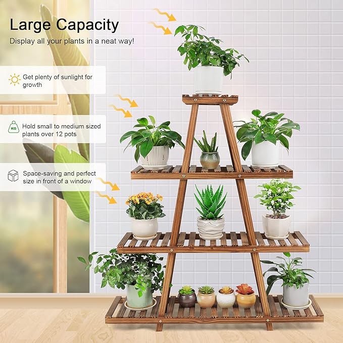 Ufine 4 Tier Wood Plant Stand Indoor Outdoor A Frame Plant Display Shelf for Multiple Plants Flower Pot Holder Rack, Living Room Balcony Patio