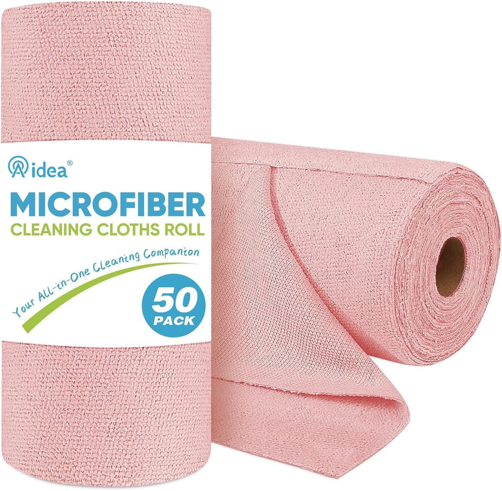 AIDEA Microfiber Cleaning Cloth Roll, 50PK, Tear Away Reusable Paper Towels Pink, Commercial Shop Rags, Microfiber Towels for Cars, Lint Free Cleaning Rags for House, Kitchen, Garage Shop, 11.5"×11.5"