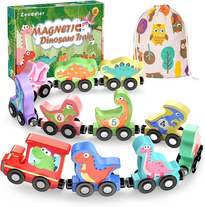 Toys for Toddlers, 11 Magnetic Wooden Dinosaur Train Set, Montessori Toys for Toddlers, Preschool Educational Material for Kids, Birthday Gifts for Boys, Girls