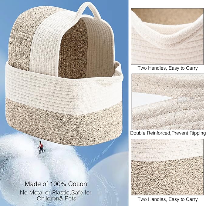 Cotton Rope Woven Storage Basket, Used for Baby Hamper Toy Organizer, Gift Baskets Empty,Kids Laundry Basket,Baby Blanket Basket. Size 15x10x8.7 Inches. (White&Brown-3PCS)
