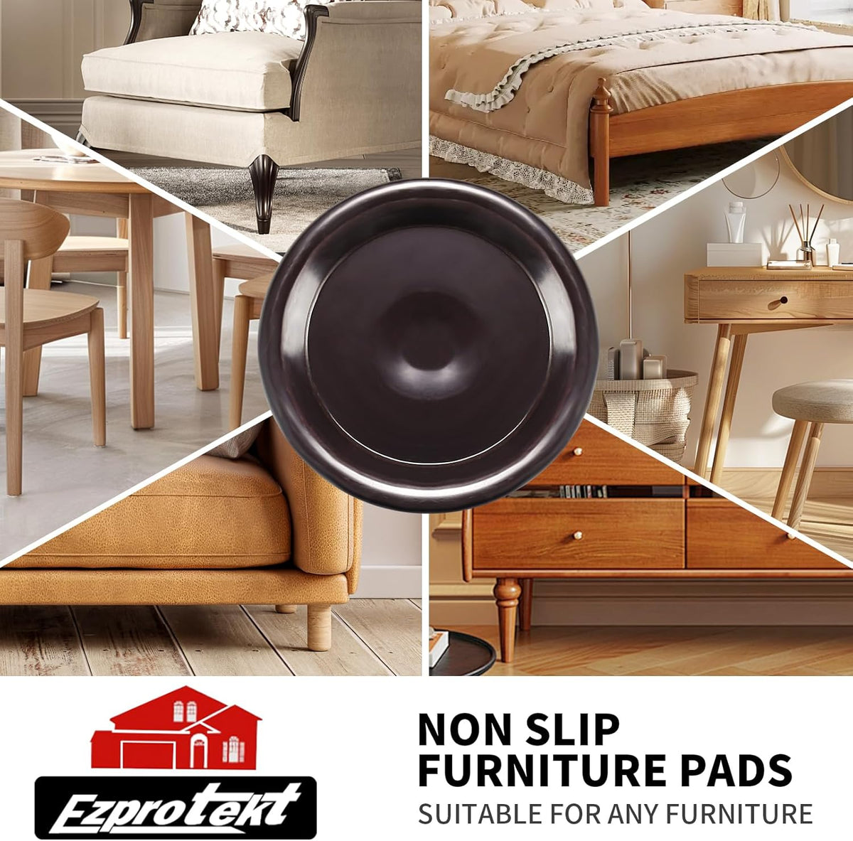Ezprotekt 1 5/8" Round Non Slip Furniture Pads for Hardwood & Tile Floors, 16 Pcs Anti Skid Furniture Coasters Cups Floor Protectors for Bed, Sofa, Table, Chair, Cabinet, Brown/Black