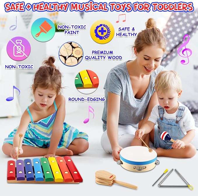 LOOIKOOS Baby Musical Instruments Montessori Wooden Toys for Toddlers 1-3,Percussion Instruments Set for Kids Preschool Educational Musical Toys for Boys and Girls Gifts