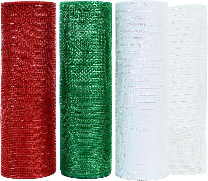 TONIFUL 3 Roll 10 Inch Red White and Green Decorative Mesh Ribbon Rolls, Fabric Mesh with Foil for Wreaths Front Door Decor Christmas Festival Party Accessories Party Decoration Supplies (10yds/roll
