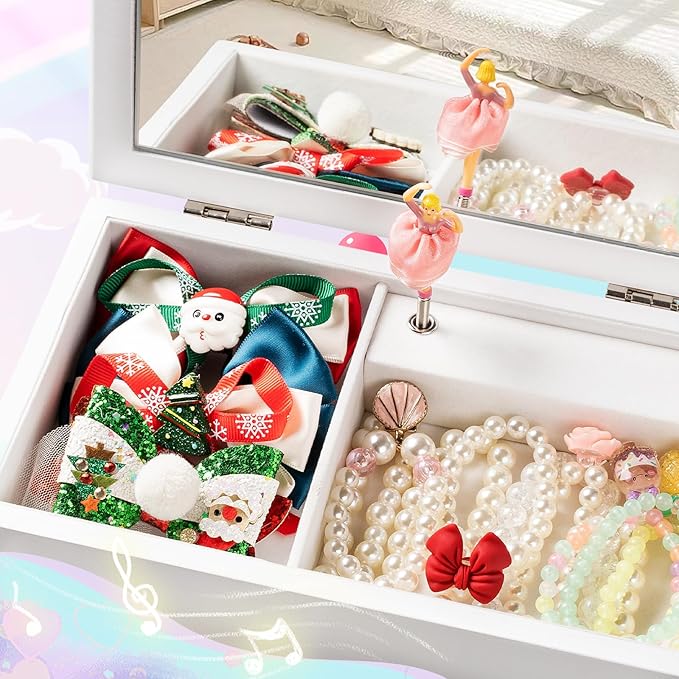 Miratino Jewelry Box for Girls, Kids Jewelry Box with Spinning Dancer, 5 Layer Large Wooden Musical Jewelry Organizer Box Gifts for Little Girls Christmas New Year Birthday Children's Day(White)