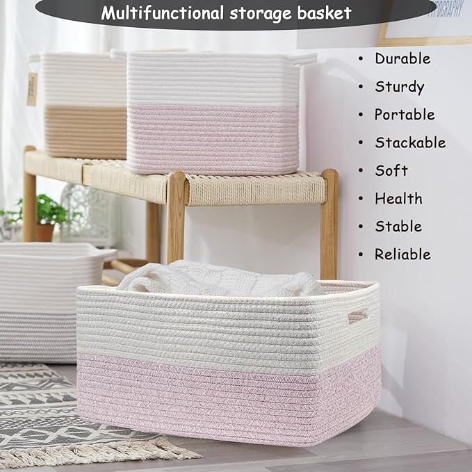 COMFY-HOMI Cotton Rope Woven Basket with Handles for Shelves,Toys,Book, Cloth Storage Baskets for Organizing-17" x 13" x 7.5" Toy Decorative Organizer for Living Room, Bathroom （white/pink）