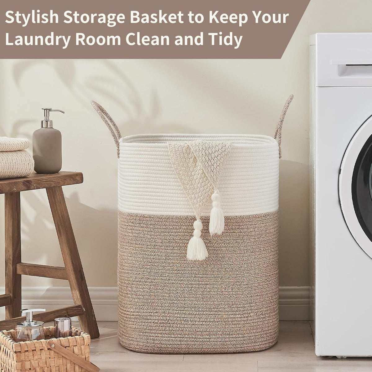 Laundry Basket with Handles - Blanket Basket & Hampers for Bedroom Aesthetic, Laundry Hamper & Blanket Storage for Living Room, Clothes Hamper, Tall, Large 17" x 14" x 26”, White & Rice Brown