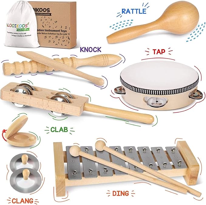 LOOIKOOS Toddler Musical Instruments, Eco Friendly Music Set for Kids Preschool Educational, Natural Wooden Percussion Instruments Musical Toys for Boys and Girls with Storage Bag