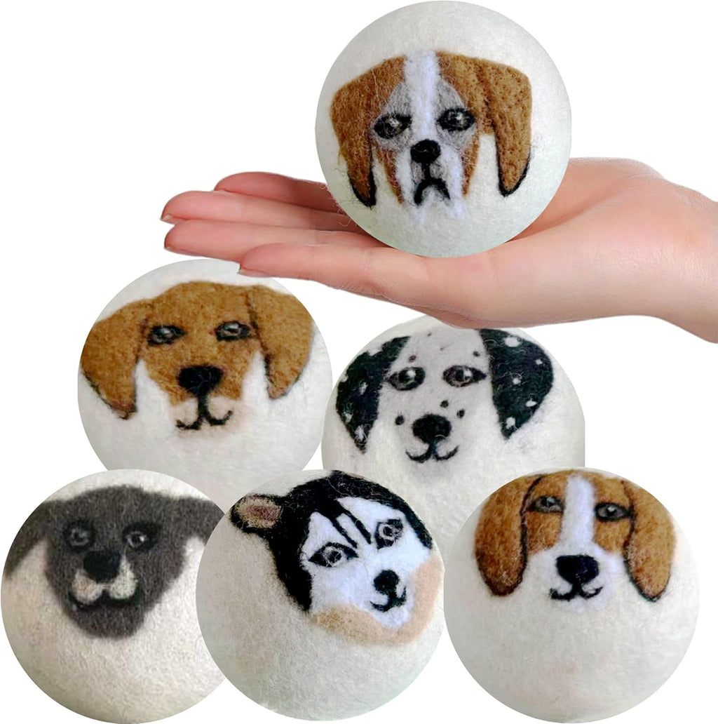 Wool Dryer Balls Organic Premium | Handcrafted Puppy Dog Face Design | 6 Balls XL, Ethically & Humanely Made, Natural Fabric Softener, Laundry Dryer Balls Reusable, Wrinkle Release