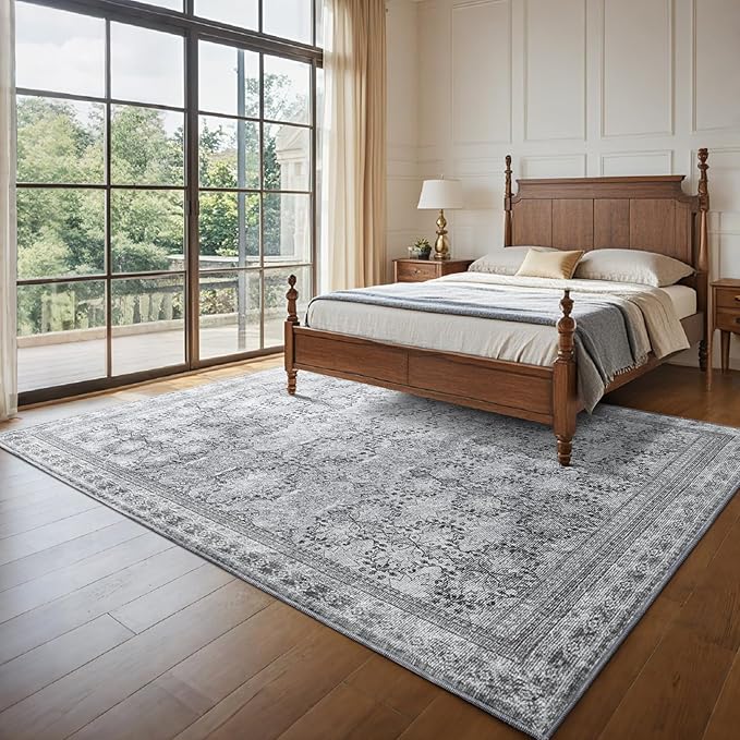 6x9 Washable Area Rug Non Slip, Faded Grey Living Room Rugs Low Pile, Thin Vintage Floral Carpets, Indoor Large Distressed Print Carpet for Bedroom Dining Room Farmhouse Home Office College Dorm
