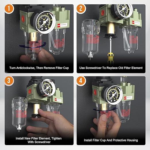 Auto Drain NPT 1/4 Air Regulator with Gauge,Air Compressor Water Separator with Accessories,Pneumatic Compressed Air Filter Pressure Oil Trap