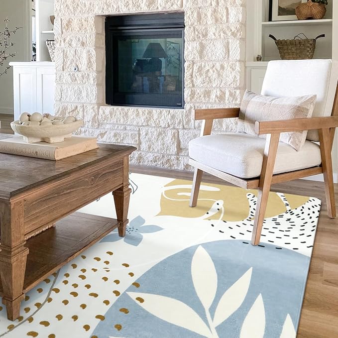Lahome Boho Blue Living Room Carpet - Washable Area Rugs 4x6 Non-Slip Ultra-Thin Soft Bedroom Rugs Nursery Kids Room, Botanical Print Indoor Modern Floral Carpet Rug for Classroom Laundry Room Office