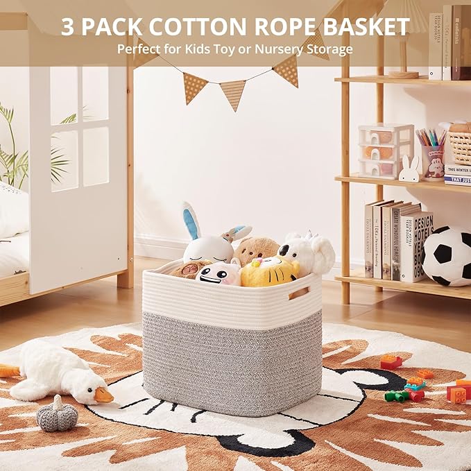 OIAHOMY 13 Kallax Inch Cube Storage Bins, 3-Pack Cotton Rope Woven Baskets for Organizing, Kallax Insert Storage Baskets for Shelves, Baby Nursery, Closet Organizer, 15*13*12.6IN, Grey & White
