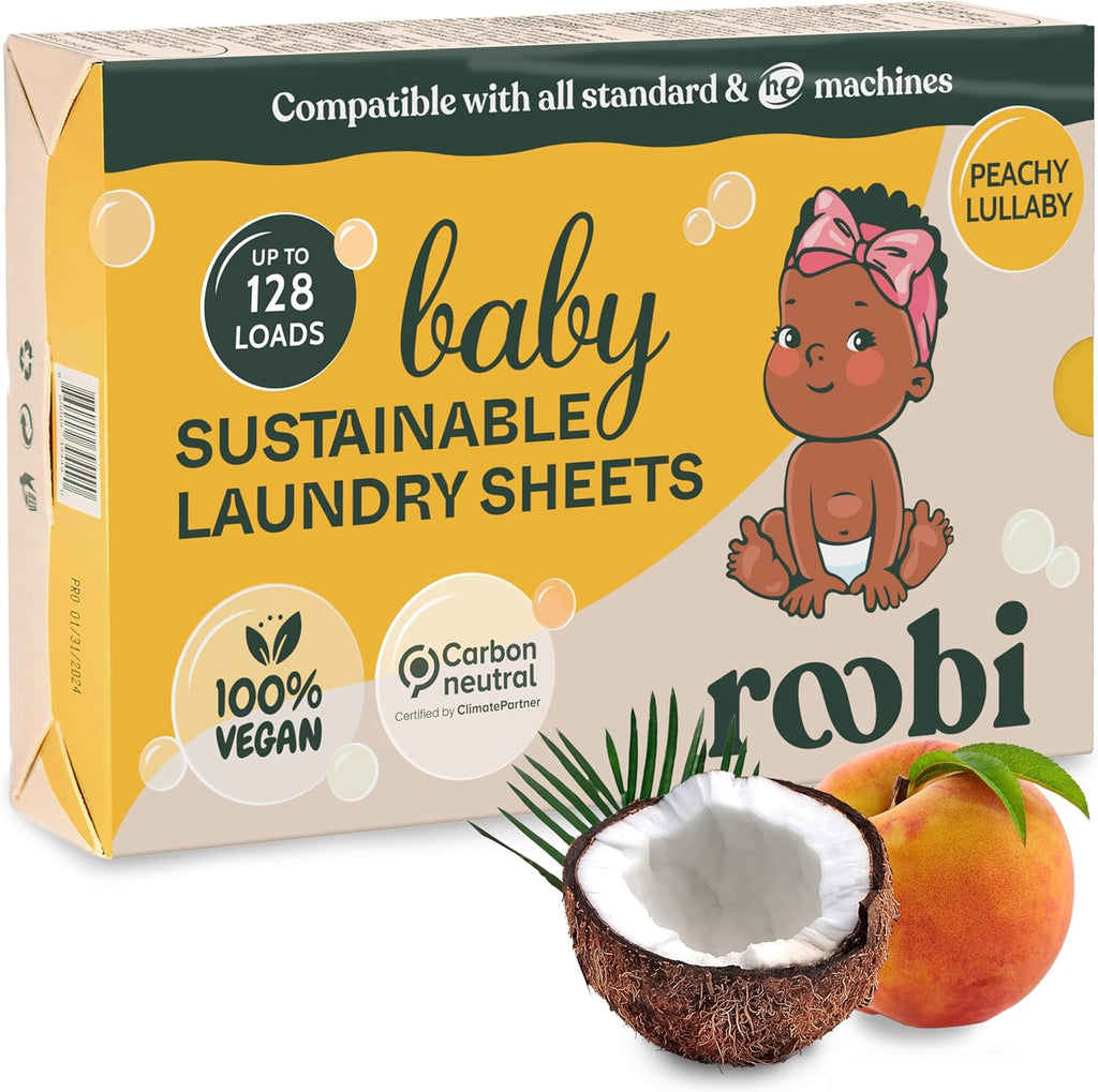 Roobi Baby Laundry Detergent Sheets. Specially Formulated for Sensitive Skin. Newborns, Infants & Toddlers Clothes. Peachy Lullaby Scent. Up to 128 Loads