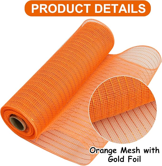 TONIFUL 2 Rolls 10 Inch Orange Decorative Mesh Ribbbon Rolls, Fabric Mesh with Foil for Wreath Supplies, Front Door Wreath Crafts Tree Decor Christmas Halloween Decoration Thanksgiving (10 yds/roll)