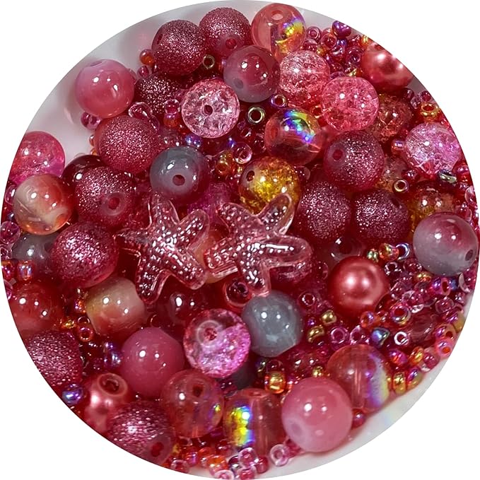 Assorted Glass Resin Beads Multi Size Colors Smooth Cracked Gravel Millet Spacer Beads for Bracelets Necklace Earring DIY Jewelry Making Craft(Rouge Red Series)