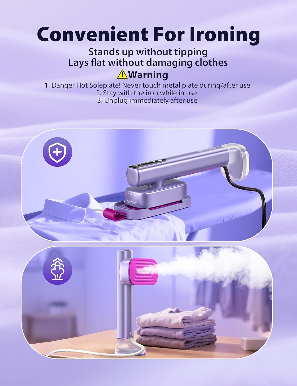 Sundu Steamer for Clothes,15s Fast Heat-up Handheld Garment Steamer,35mins Runtime & 180ml Large Tank,25g/min Steam,Ceramic Panel,Stands on Desk,Wrinkle Remover for Travel, Home, Office(Purple)