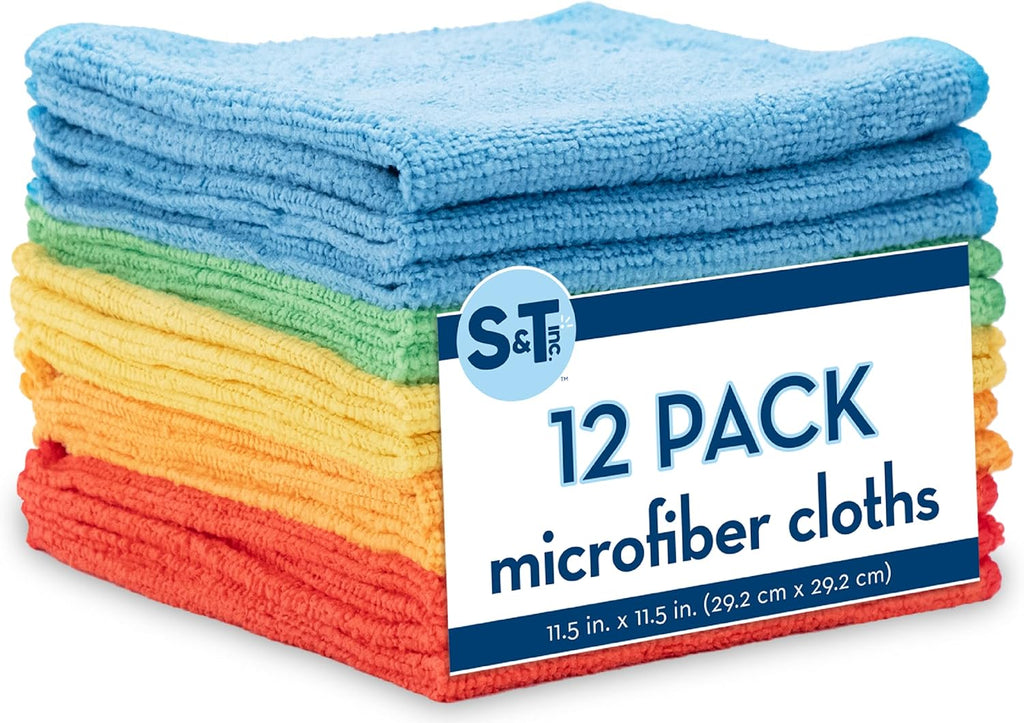 S&T INC. 12 Pack Microfiber Cleaning Cloth, Bulk Towels for Home, Reusable Microfiber Towels for Cars, Cleaning Rags, Assorted, 11.5 Inches x 11.5 Inches, 12 Count