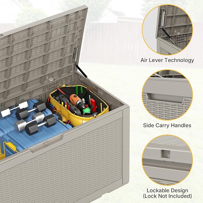 100 Gallon Deck Box Outdoor Waterproof, Rattan Outdoor Storage Box, Patio Storage Boxes for Cushions, Pillow, Garden Tools, Equipment