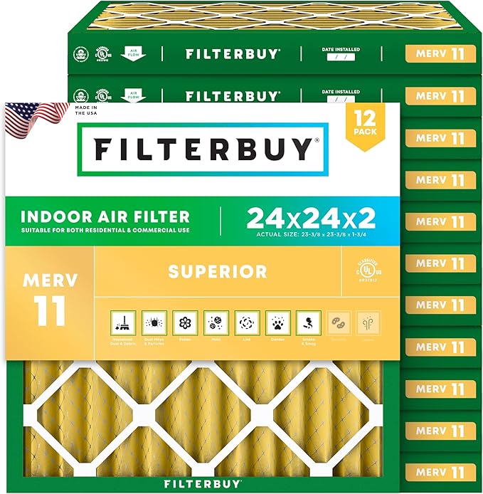 Filterbuy 24x24x2 Air Filter MERV 11 Superior Pet & Allergy Defense (12-Pack), Electrostatic Pleated HVAC AC Furnace Filters Replacement, Made in USA (Actual Size: 23.38 x 23.38 x 1.75)
