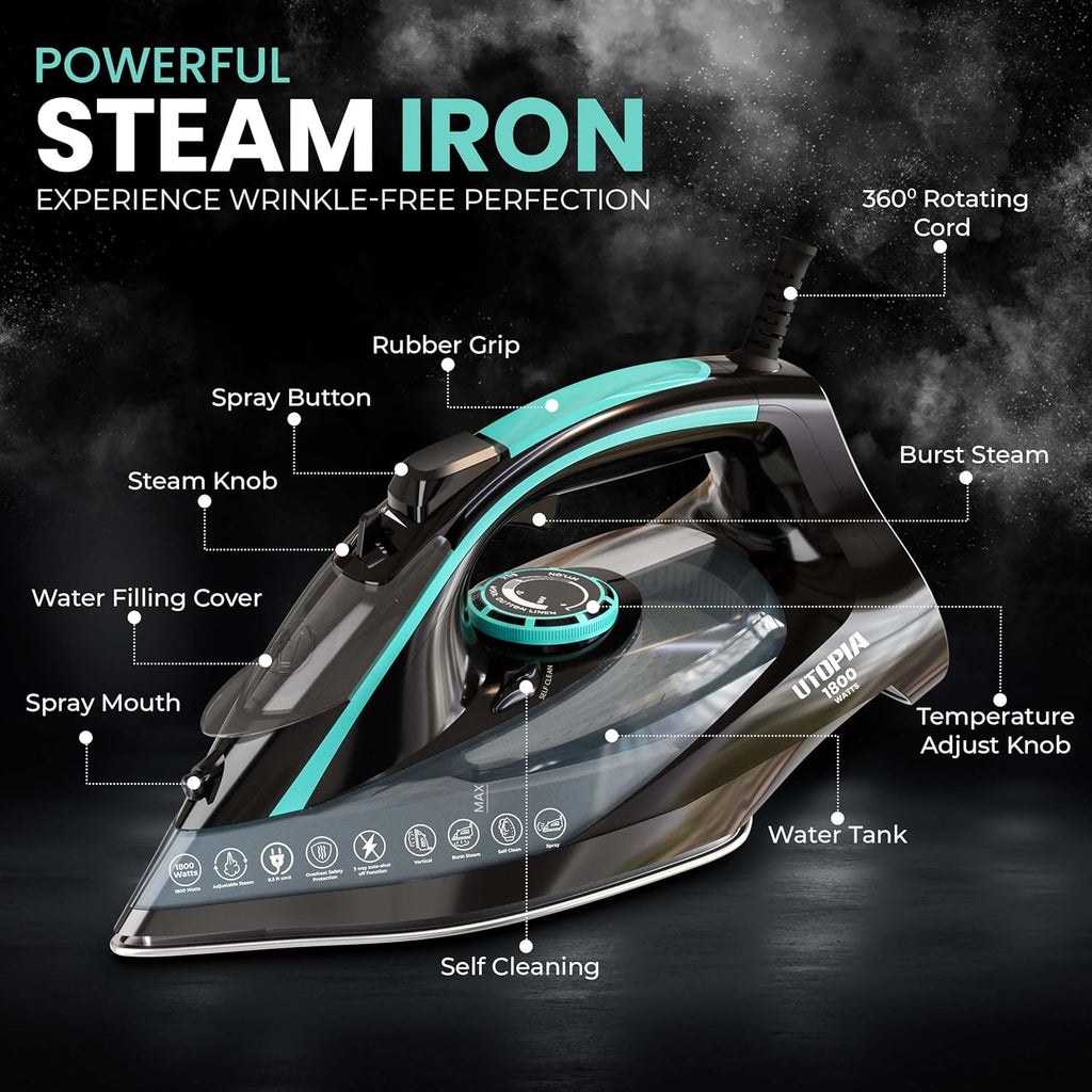Utopia Home Steam Iron for Clothes - Non-Stick Soleplate - 1800W Clothes Iron With Auto-Off Safety Feature - Adjustable Thermostat Control, Variable Steam Control, Self-Clean, 8 Feet Cord (Black/Teal)