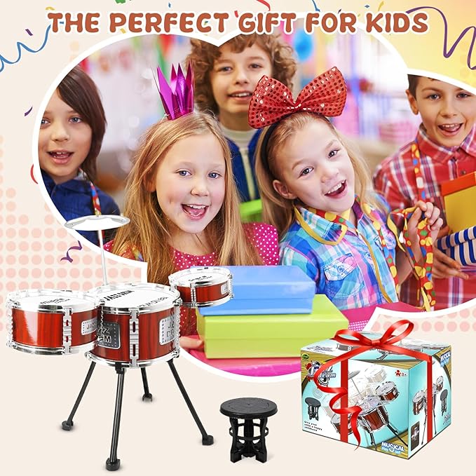 Kids Drum Set Music Toy Drum Set for Toddlers Ages 3-5 Jazz Drums Kit with Stool, 3 Drums Percussion Musical Instruments Toys for 3 4 5 Year Old Boys Girls Gifts