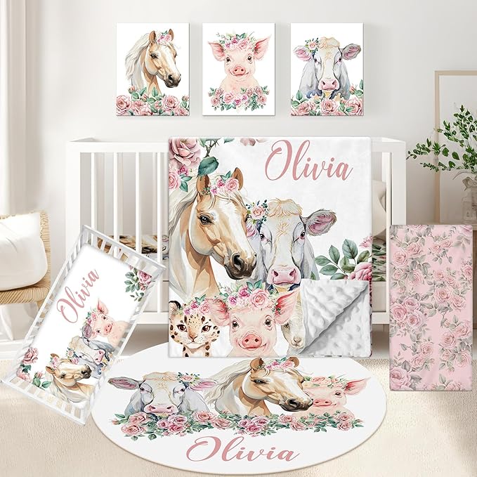 Personalized Floral Animal Crib Bedding Set, 5 Pcs Custom Baby Crib Set with Name, Double Layer Nursery Bedding Set, Soft Baby Bedding Crib Set for Girls, Customized Gift for Toddler Infant