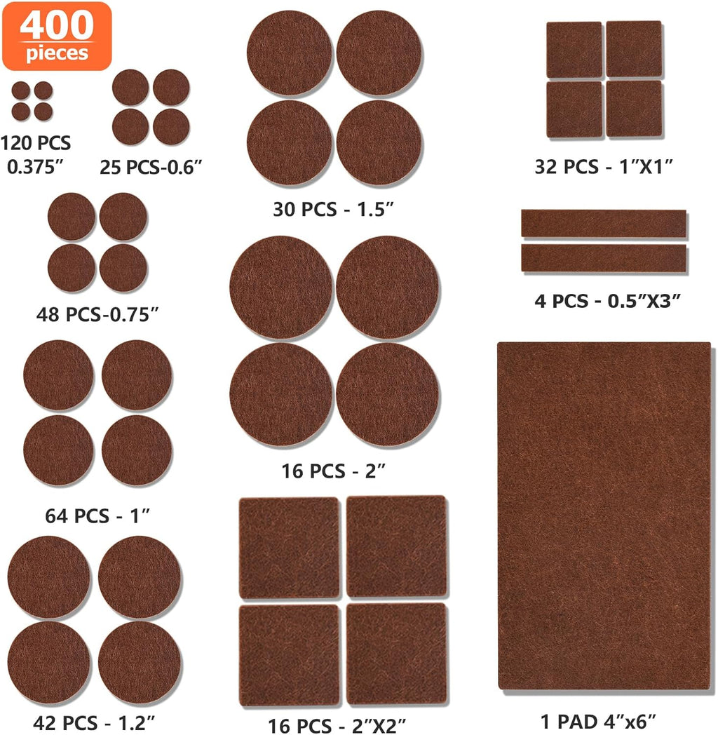 Felt Furniture Pads 400 Pieces, Furniture Pads for Hardwood Floors, Floor Protectors for Furniture Legs, Felt Pads for Furniture, Many Large Sizes Brown