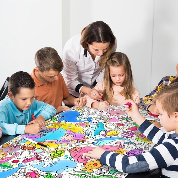 Gatherfun Mermaid Party Giant Coloring Poster - 31.5X 72 Inches - Versatile Classroom Wall Décor & Birthday Activity - Mermaid Poster or Table Cover for School Parties and Special Events