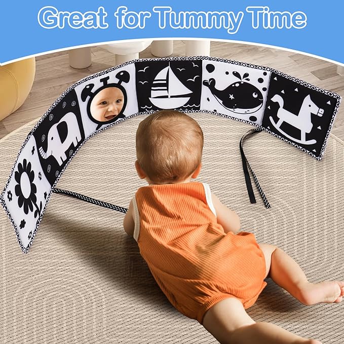 Black and White High Contrast Toys for Baby 0-3 3-6 Months Infant Tummy Time Soft Book Sensory Musical Toy 0-2-4-6 Month Babies Brain Development Montessori Crinkle Book Mirror Newborn Shower Gifts